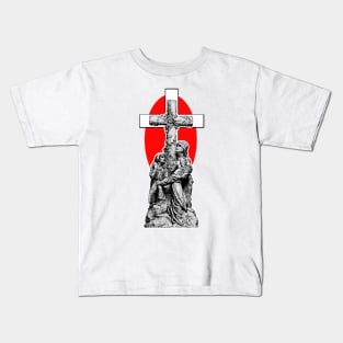 Girls in mourning at the cemetery cross of a unique tomb Kids T-Shirt